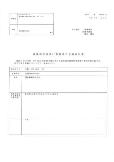 インボイス制度　登録番号(T1180001036520)について